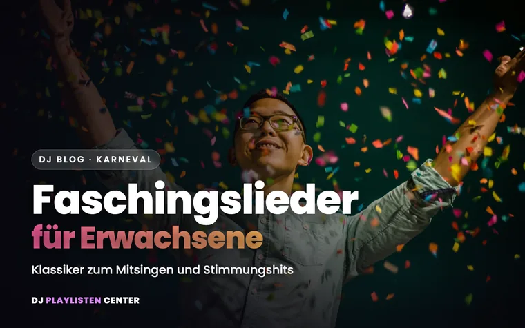 Mann jubelt mit erhobenen Armen im bunten Konfettiregen einer Faschingsparty
