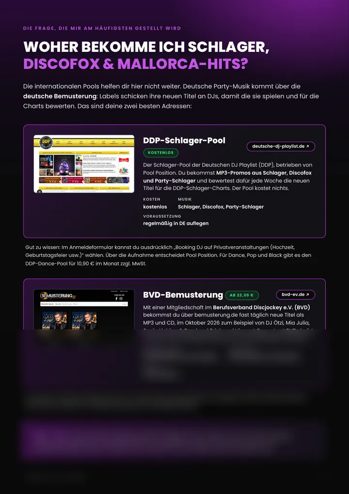 DJ Pool Übersicht: Seite Schlager, Discofox und Mallorca-Hits mit deutschen Musikquellen für DJs