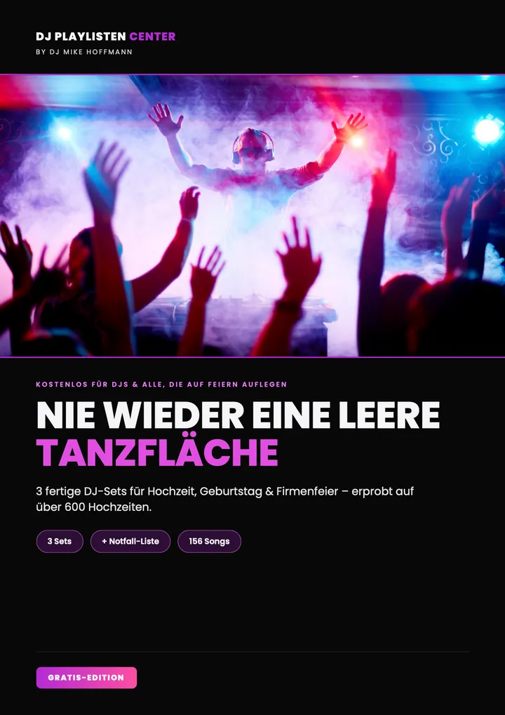 DJ Playlist PDF – Vorschau: Cover „Nie wieder eine leere Tanzfläche“ mit 3 Sets und Notfall-Liste