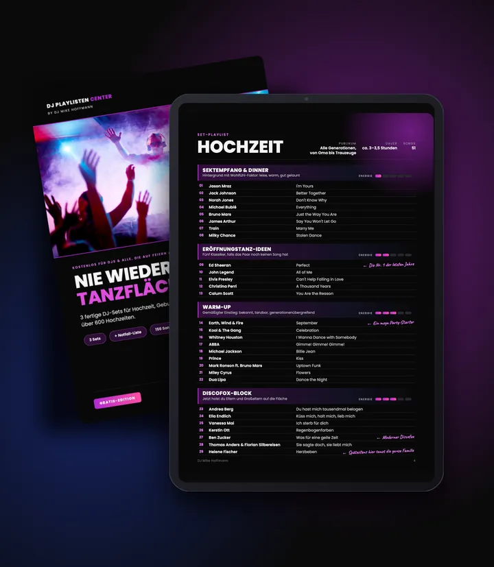 DJ Playlist PDF auf dem Tablet – Vorschau der Set-Liste Hochzeit, dahinter das Cover