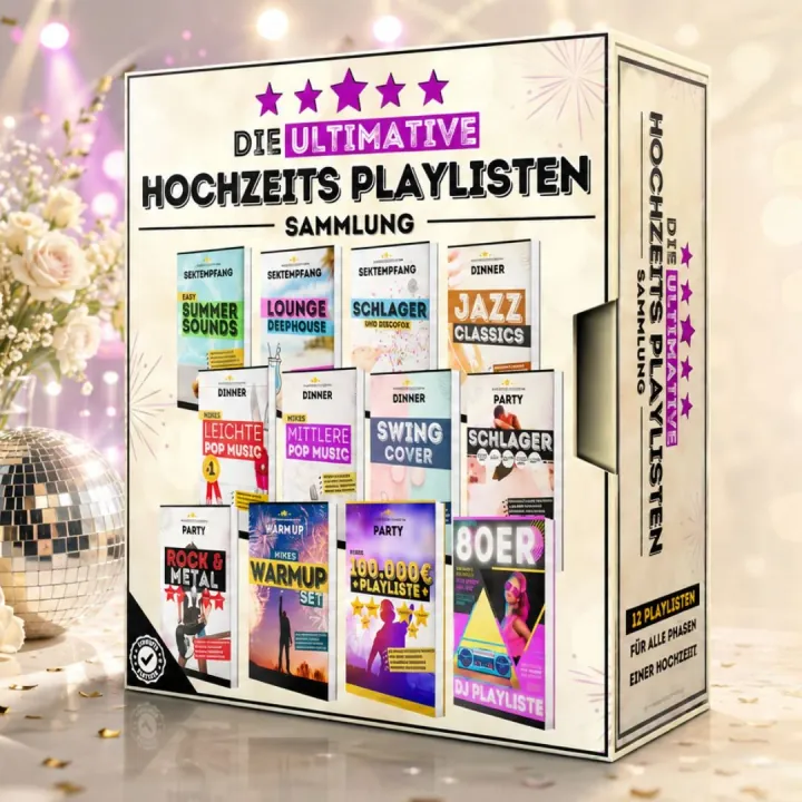Produktbox der ultimativen Hochzeits-Playlisten Sammlung mit den Covern der 12 Playlisten