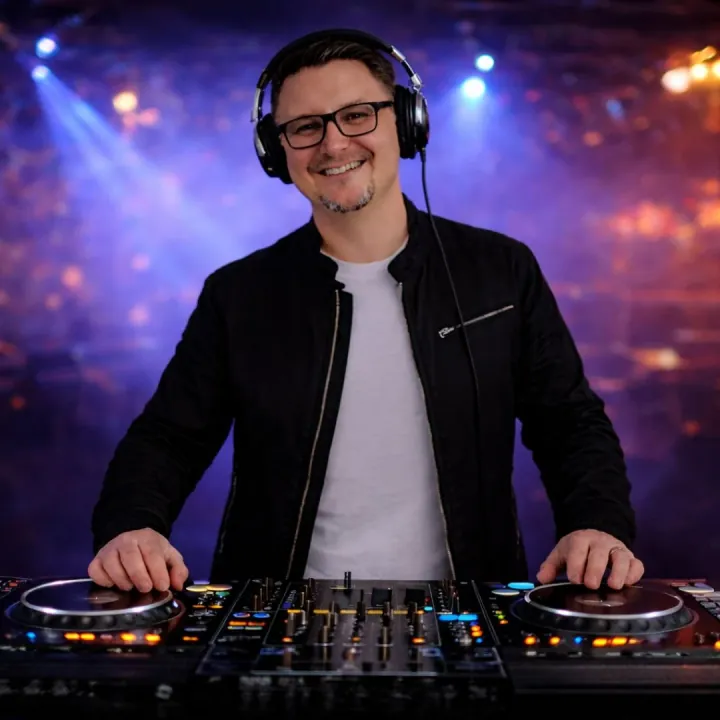 DJ Mike Hoffmann mit Kopfhörern am DJ-Pult