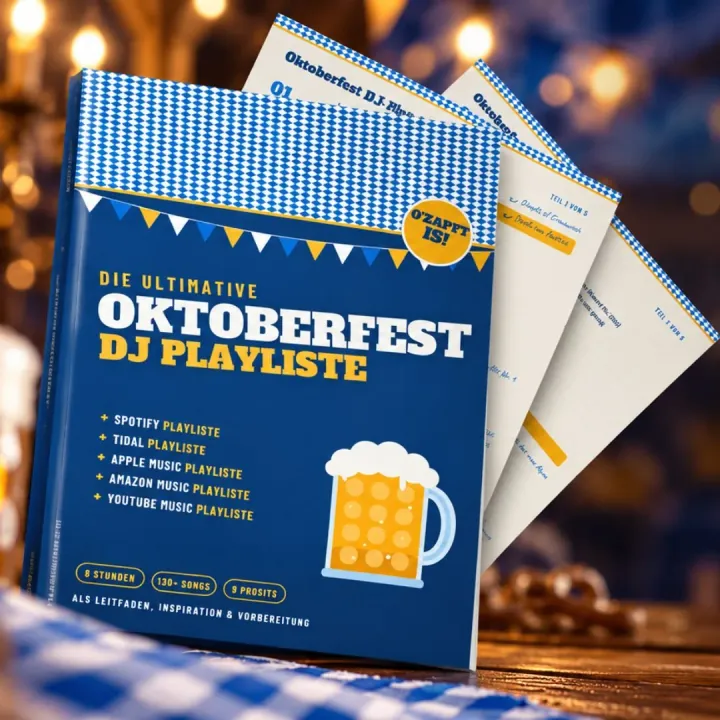 Cover und Seiten der Oktoberfest DJ Playliste mit 8 Stunden Musik, 130+ Songs und 9 Prosits